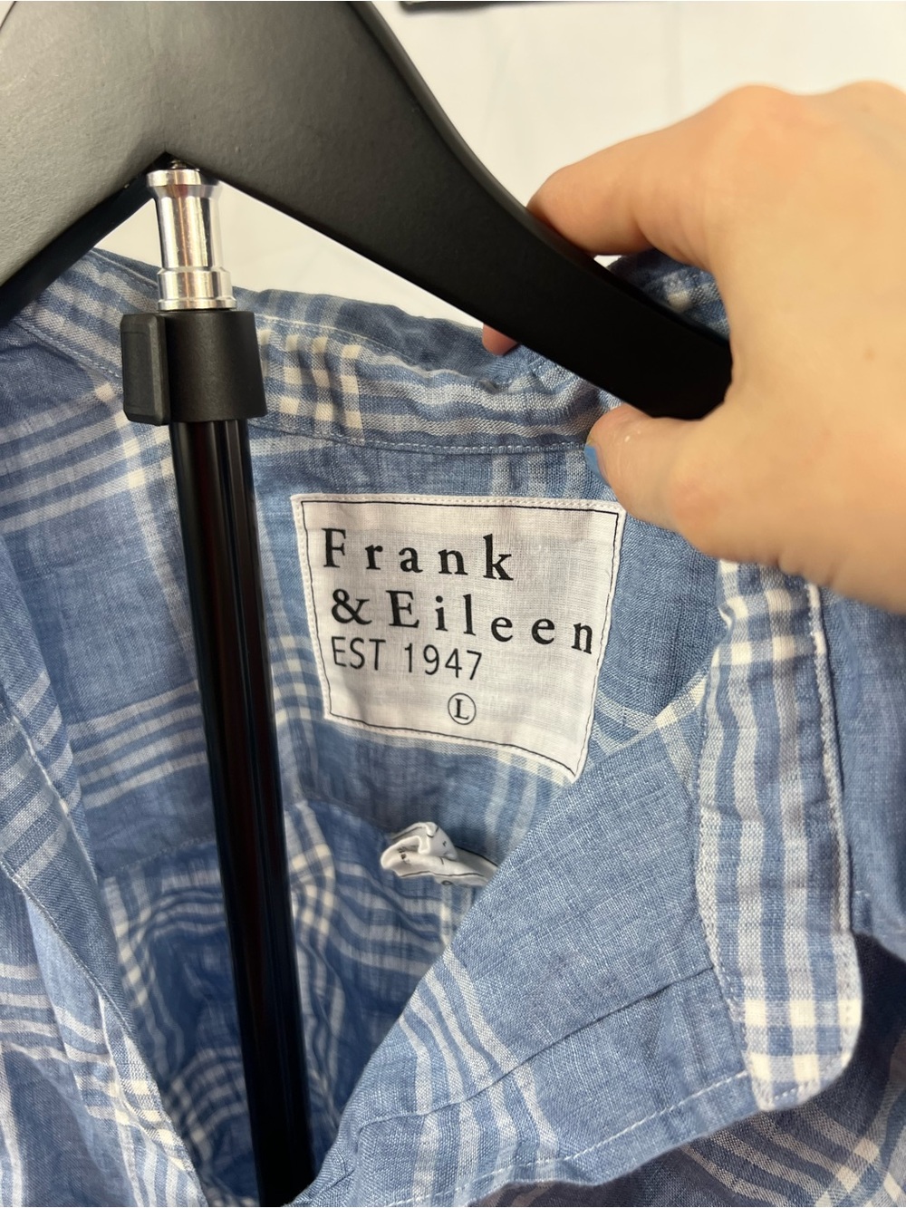 Frank & Eileen Barry Italian Linen Blue Plaid Button Down Shirt Size Large - Picture 5 of 9